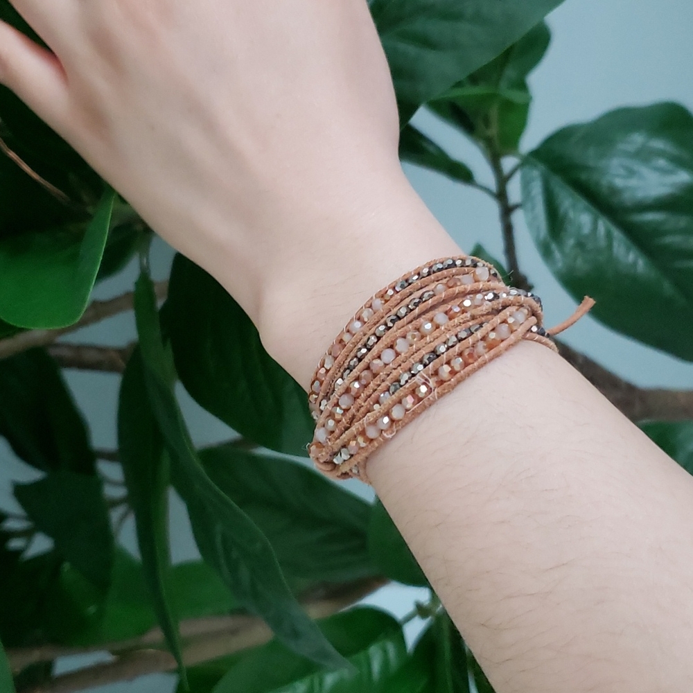 Club Monaco leather and crystal beaded wrap bracelet